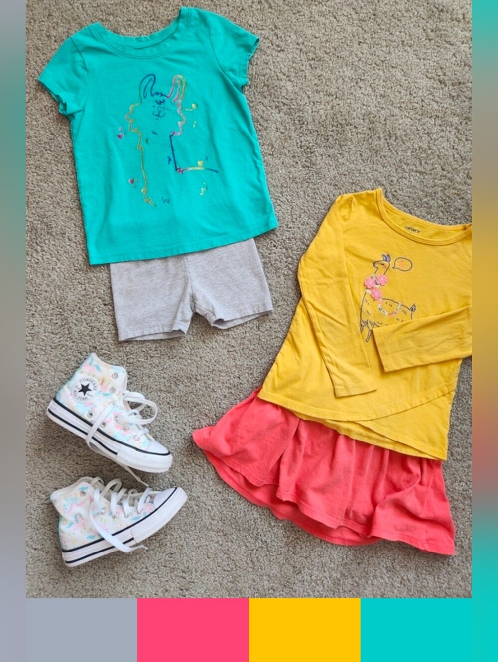 Girls 4T Mix & Match Bundle | Gold, Coral, Teal, Rainbow, Llama | 4 Pieces